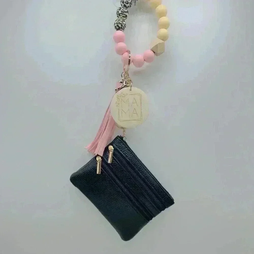 Carmella Black Wristlet Wallet with Mom Keychain tassel